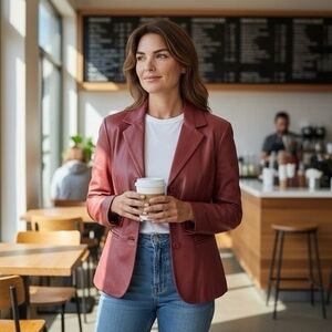 Preston York Red Lambskin Leather Jacket Button Front Trench Coat Women’s PM